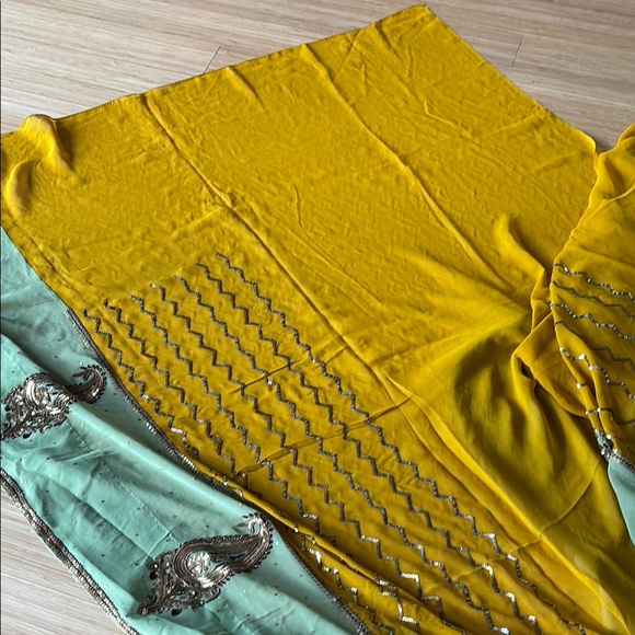 Yellow and Green Embroidered Fabric - Picture 5 of 12